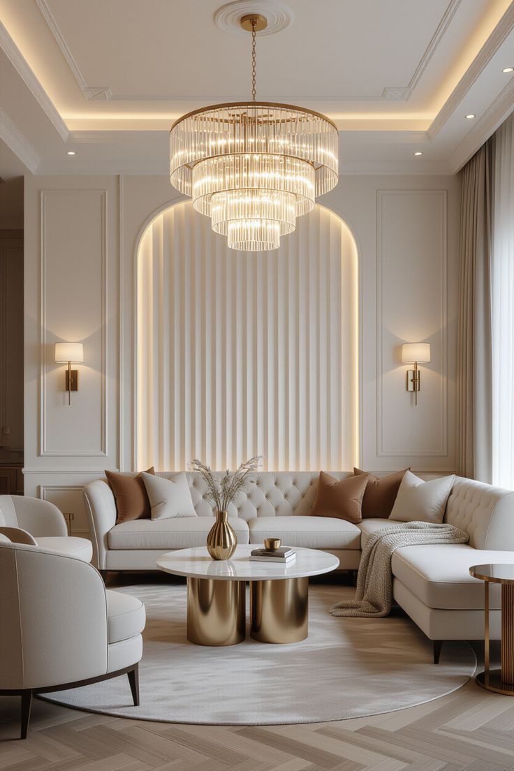 Luxurious living room with cream tufted sectional sofa and crystal chandelier — Timber & Thread interior styling