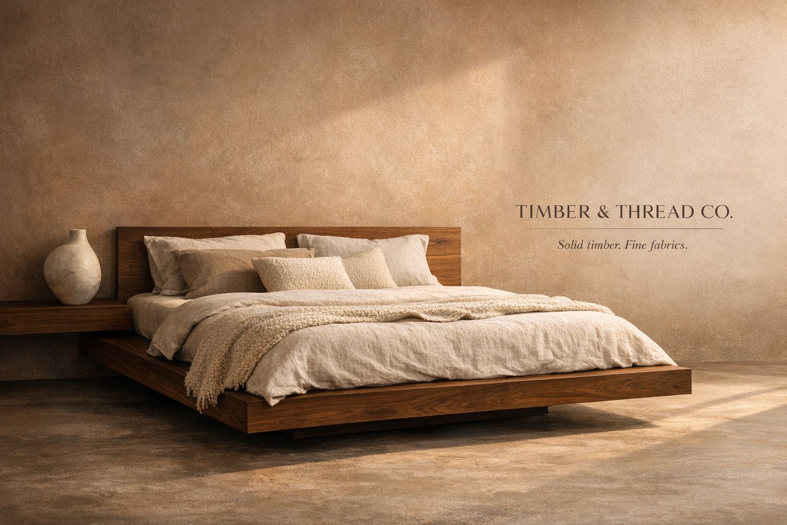 Timber & Thread Co. — solid timber platform bed with bouclé throw, branded composition